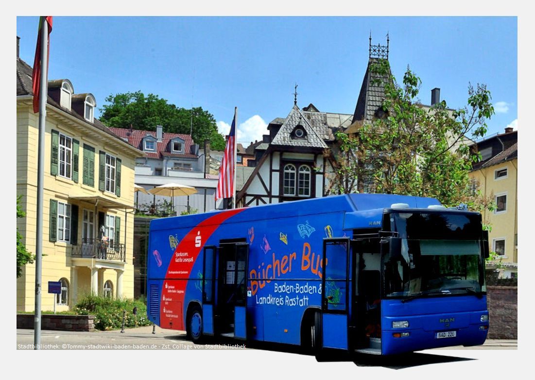 Collage: Blauer Bücherbus vor Stadtbibliothek (Gründervilla und Fachwerkhaus).