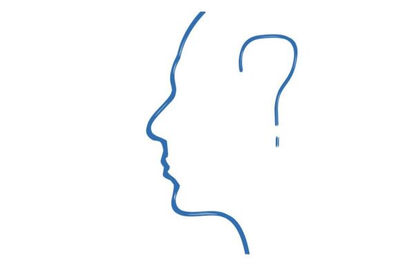 Profil eines Gesichts in einer Linie mit Fragezeichen als Ohr.
